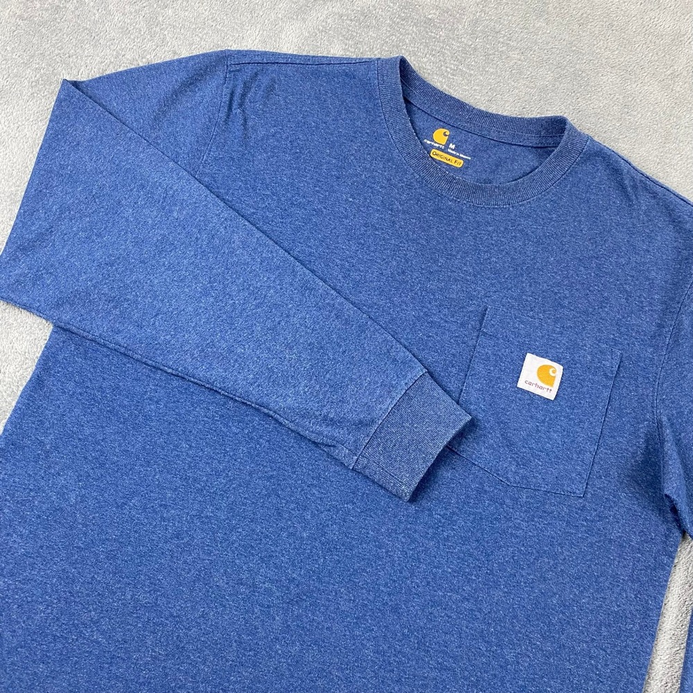 Carhartt Men M Long Sleeve Pocket T-Shirt Blue Original Fit Heathered Work Farm